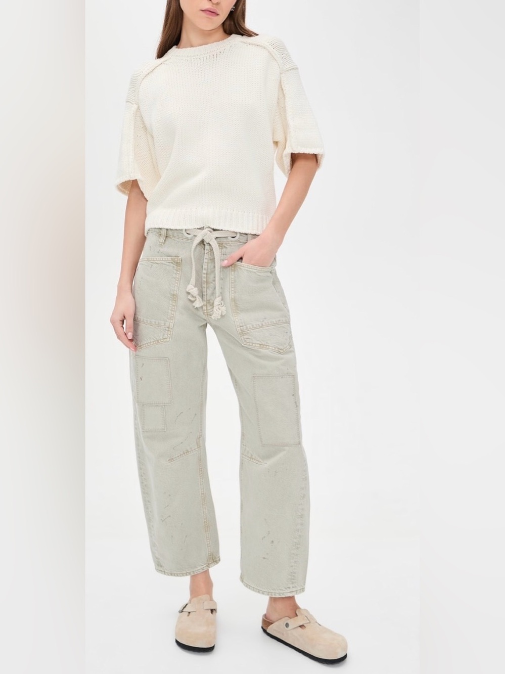 FREE PEOPLE WE THE FREE Moxie Low Slung Pull on Barrel Jeans Jetty Splatter 28S